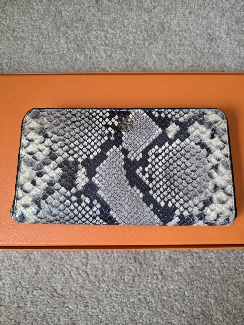 Tory Burch Snake-Print Zip Wallet in Black, Gray, Cream